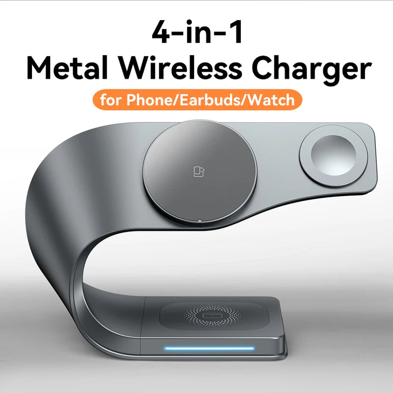 4 in 1 Wireless Charger Metal Shell Magnetic 15W Fast Charging Station Stand for iPhone 12-17 Mobile Phones  Airpods Apple Watch