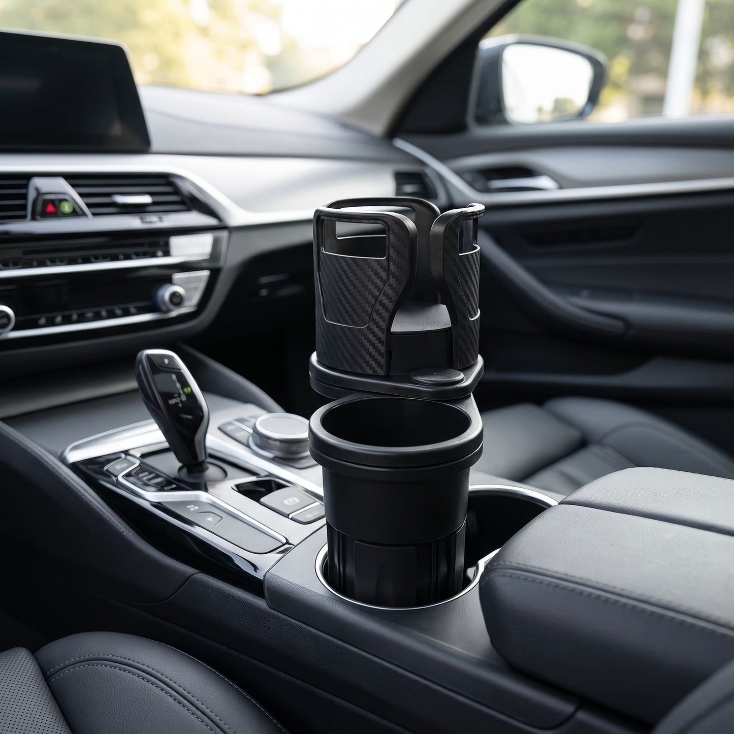 Close-up of a dual-compartment car cup holder with phone stand in a modern car interior, emphasizing its shape and rotating base.