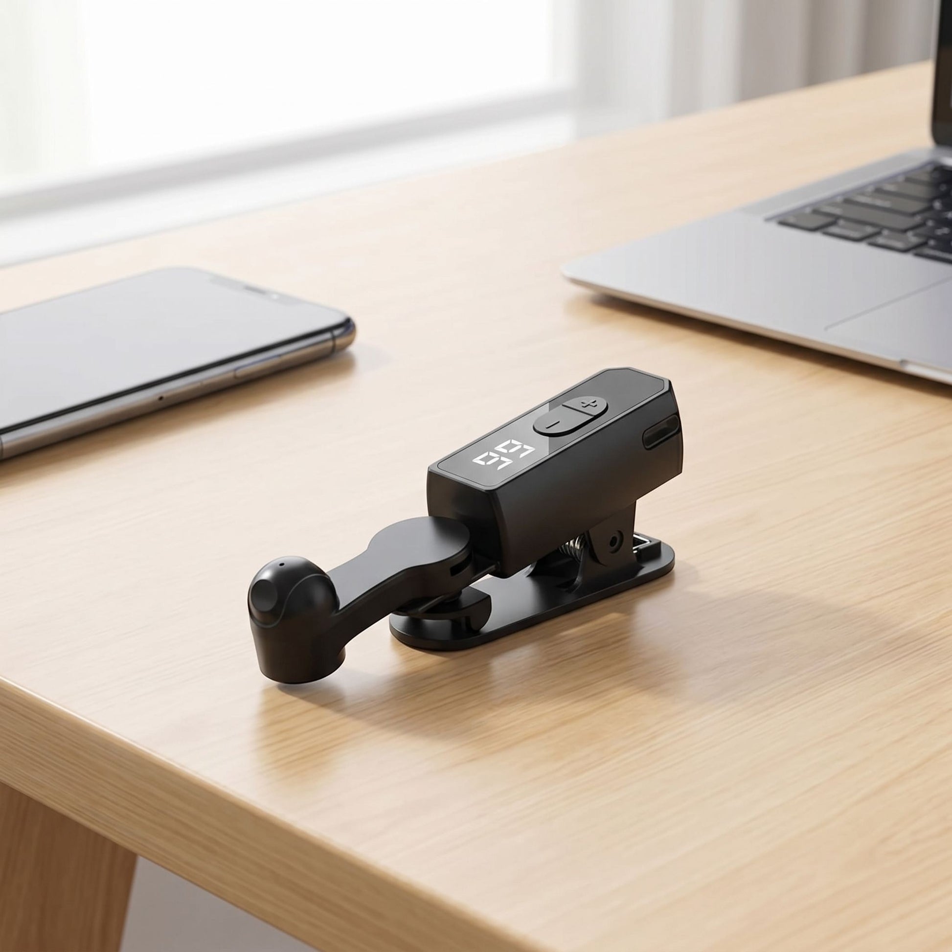 Unbranded adjustable auto screen clicker attached to a smartphone on a modern desk in natural light.