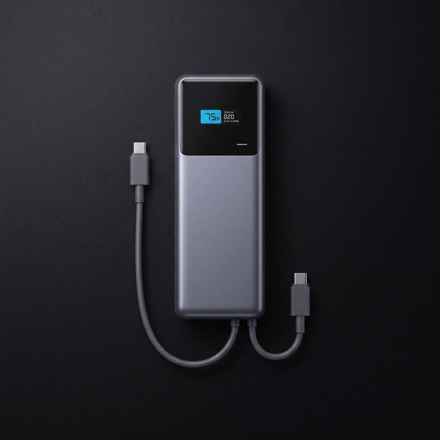 Bird's-eye view of a flat-lay of the power bank on a dark matte surface showing USB-C port and digital display.