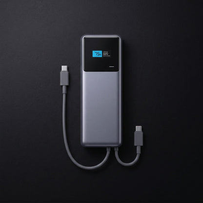 Bird's-eye view of a flat-lay of the power bank on a dark matte surface showing USB-C port and digital display.