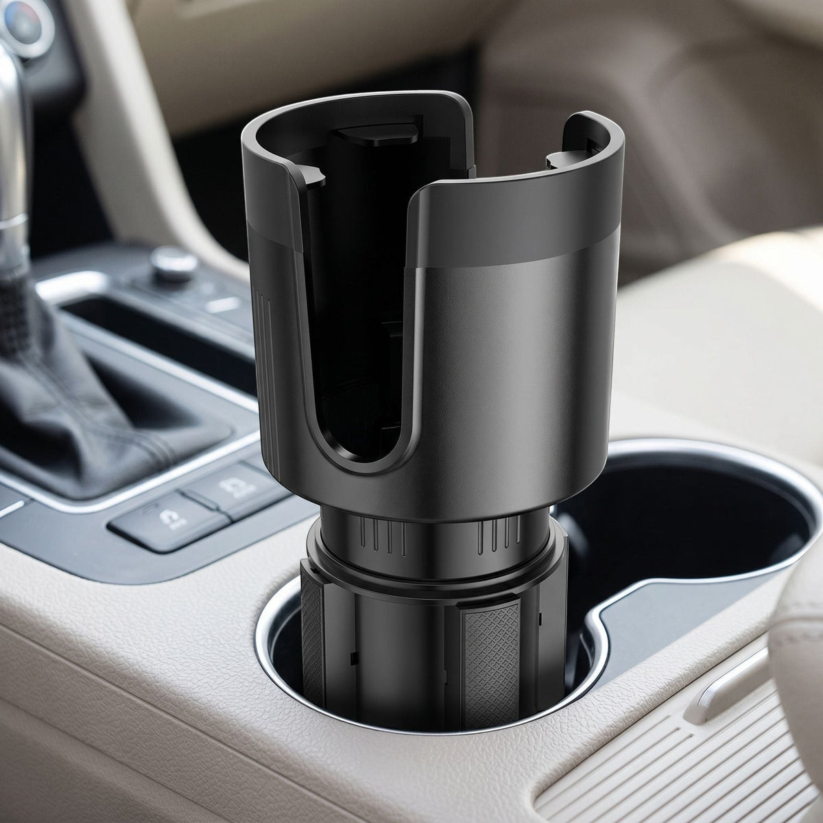 Full view of a car cup holder extender installed in a vehicle's center console, demonstrating its adjustable design and fit during daytime driving.