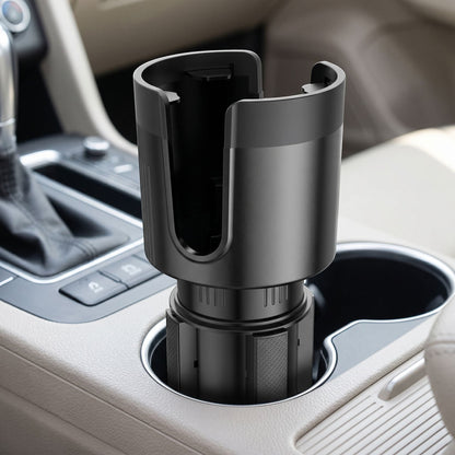 Full view of a car cup holder extender installed in a vehicle's center console, demonstrating its adjustable design and fit during daytime driving.