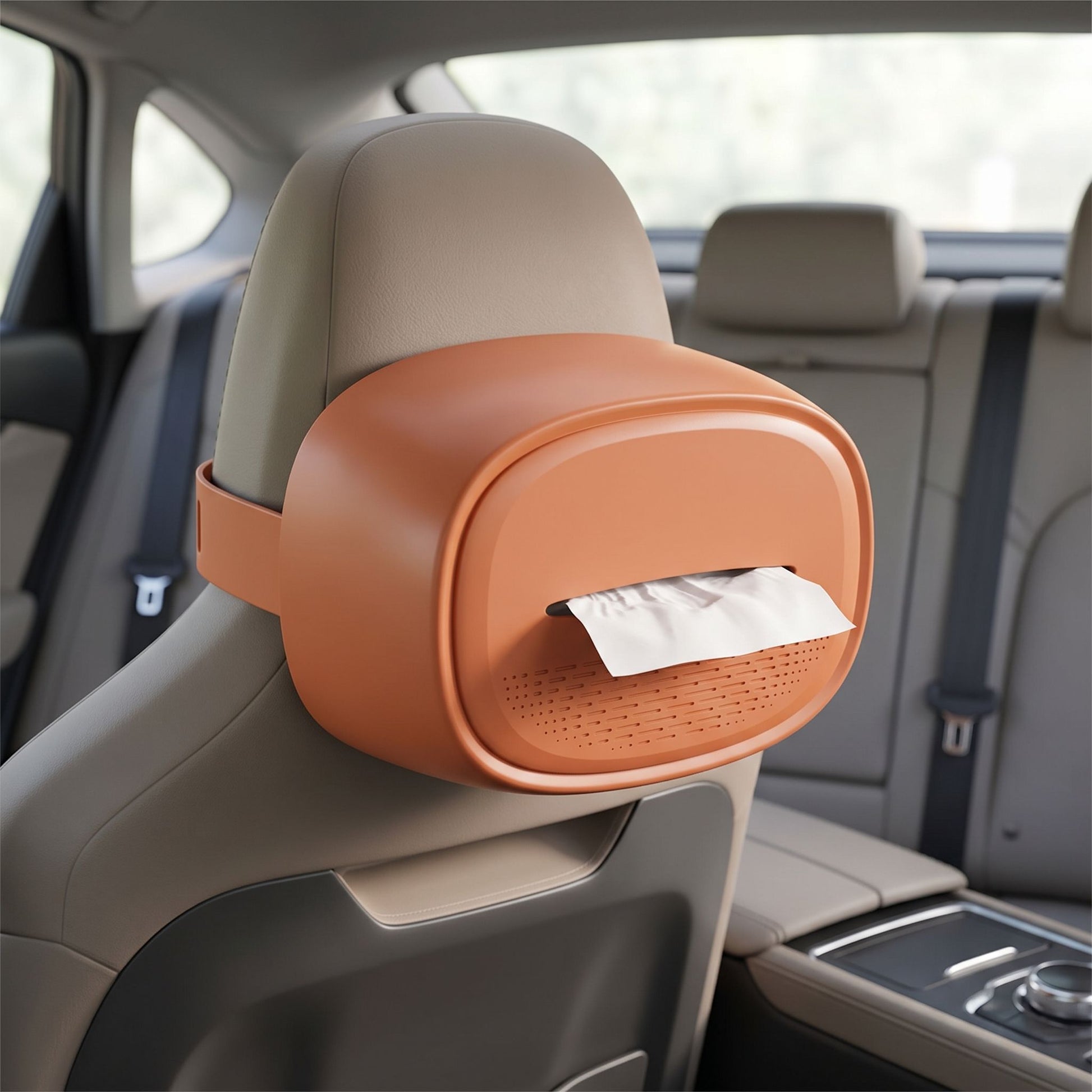Full shot of a diminutive, sleek hanging tissue holder installed on a car headrest, in a realistic car interior scene.