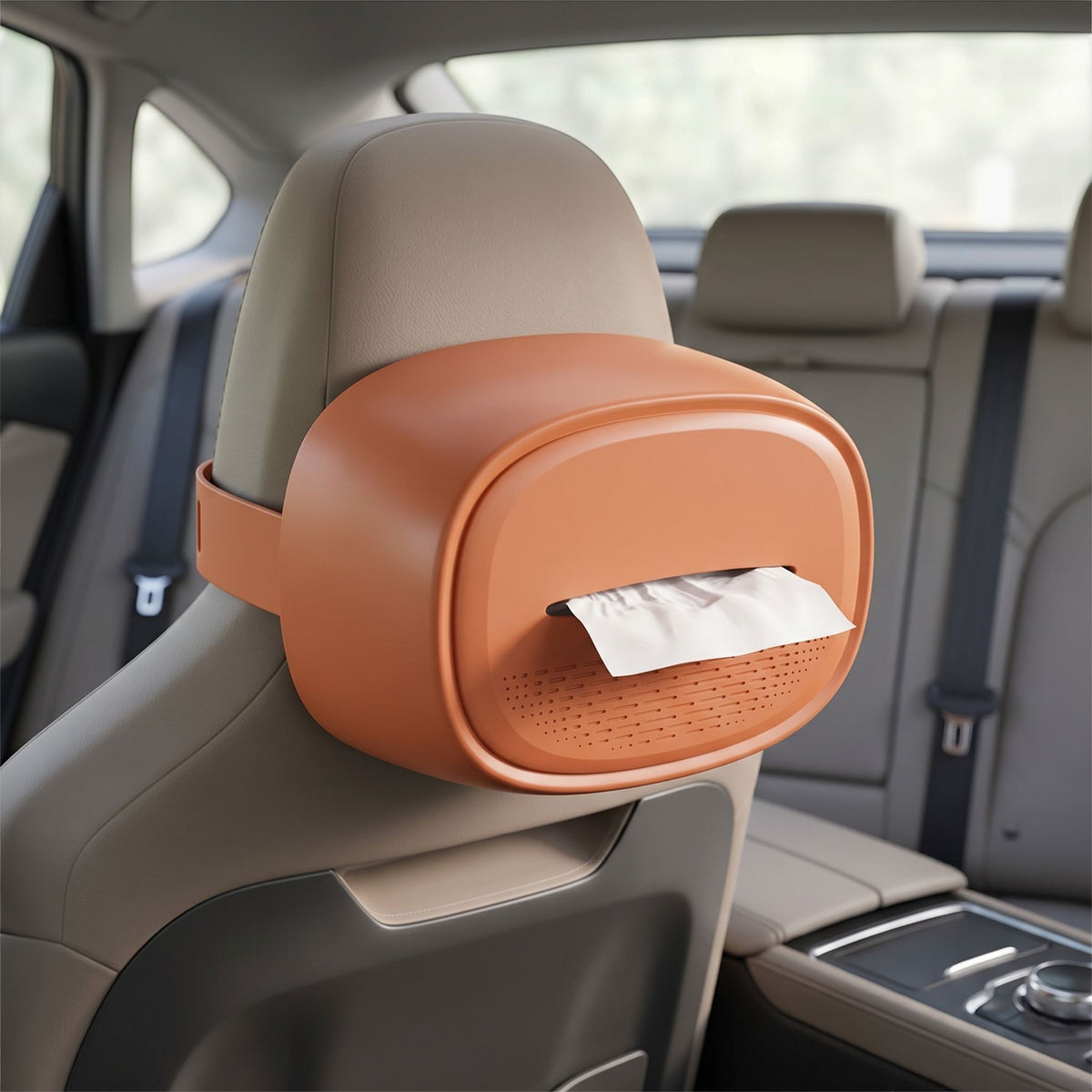 Full shot of a diminutive, sleek hanging tissue holder installed on a car headrest, in a realistic car interior scene.