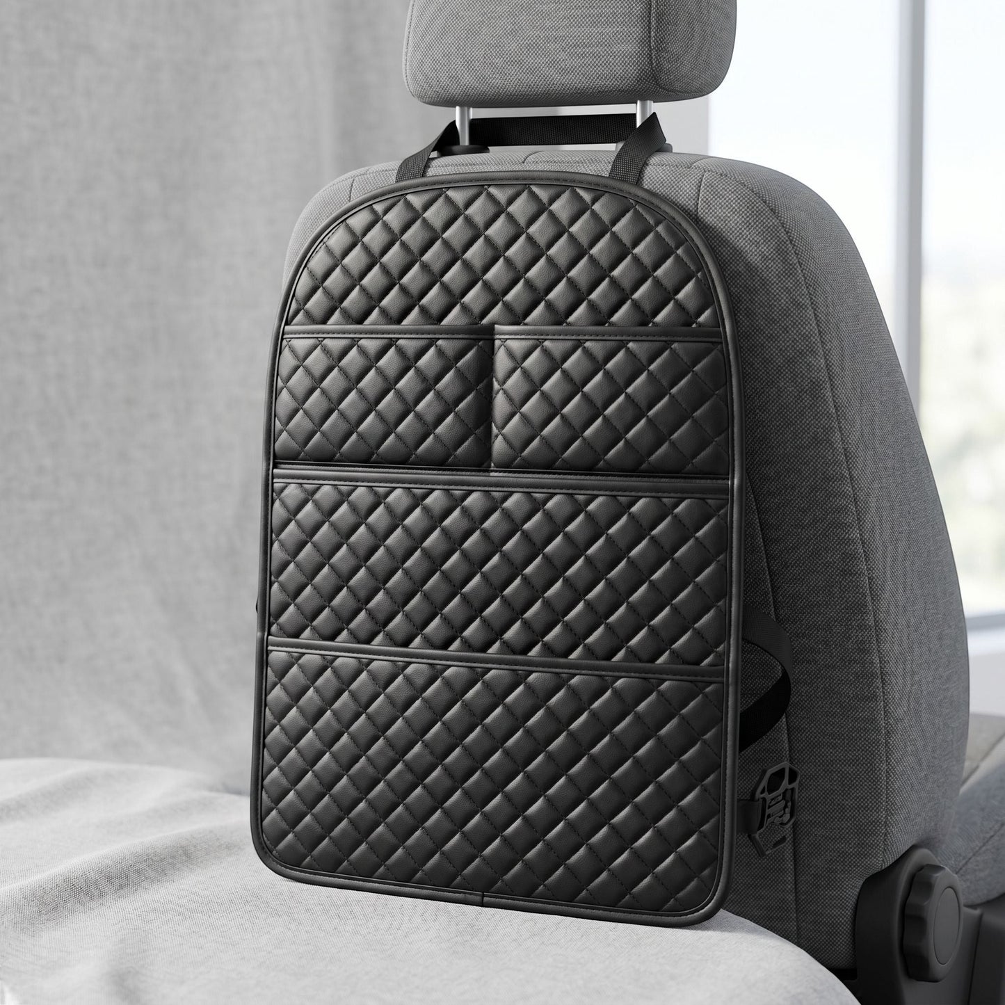 Unbranded car seat back organizer with multiple pockets, shown in a studio setting highlighting a lightweight, practical design.