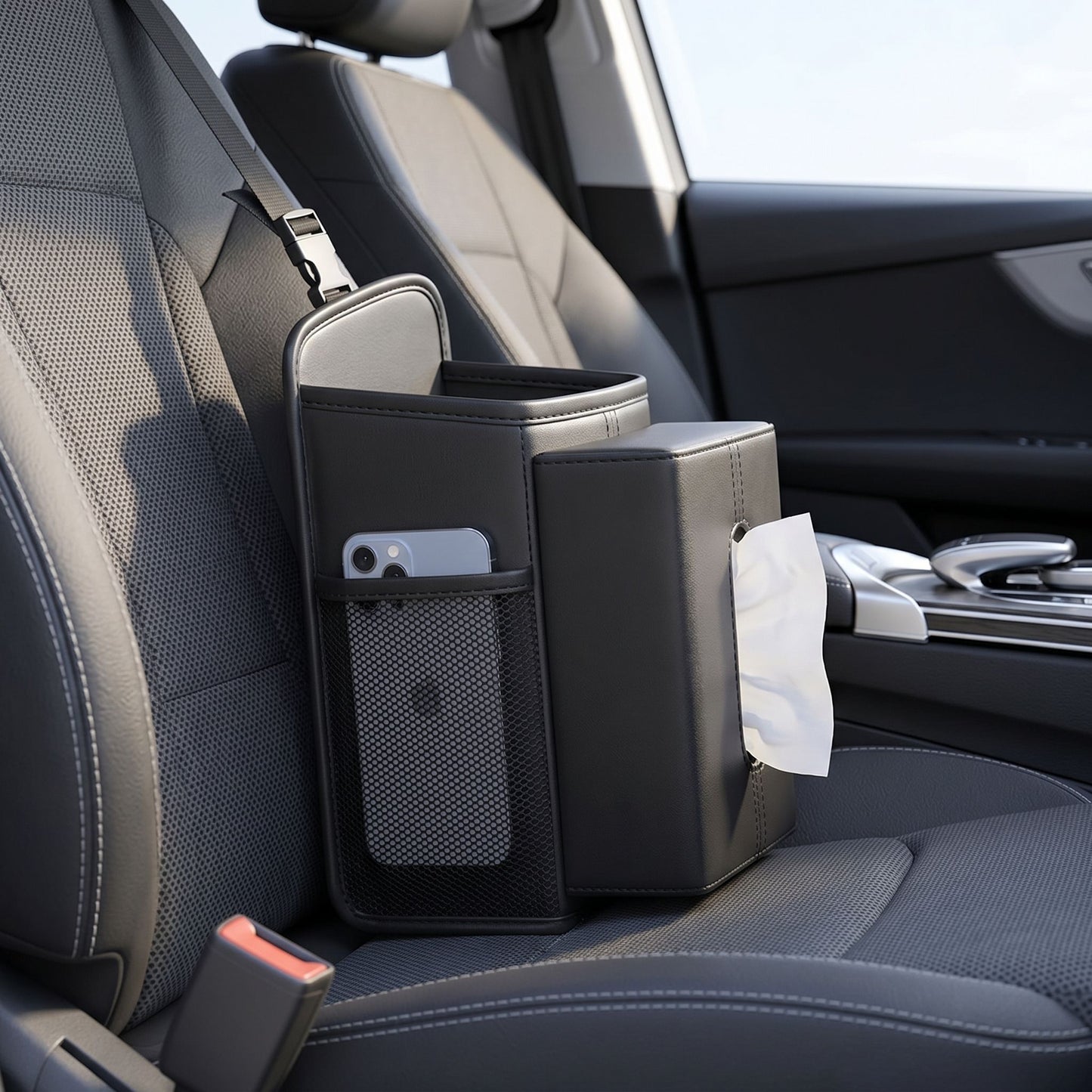Full side view of a car seat organizer in a realistic interior, showing mesh pocket and tissue support beside car seat.