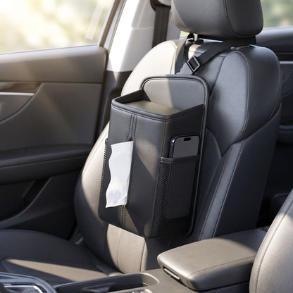 Angled view of car seat organizer highlighting slim profile and PU leather surface under soft natural sunlight.