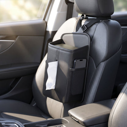 Angled view of car seat organizer highlighting slim profile and PU leather surface under soft natural sunlight.