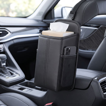 Close-up of a rectangular car seat organizer bag with PU leather finish and stitched edges, illuminated by natural daylight.