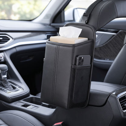 Close-up of a rectangular car seat organizer bag with PU leather finish and stitched edges, illuminated by natural daylight.