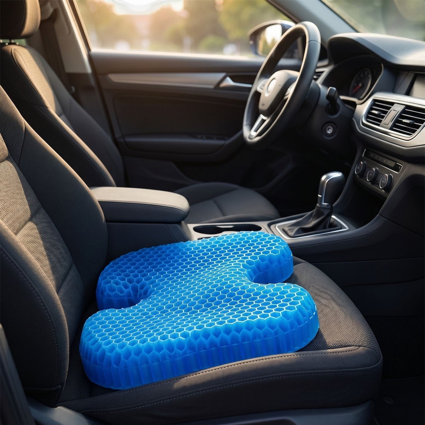 Gel U-shaped seat cushion placed on a car seat in a modern car interior, showcasing cooling surface and soft texture in natural ambient light.