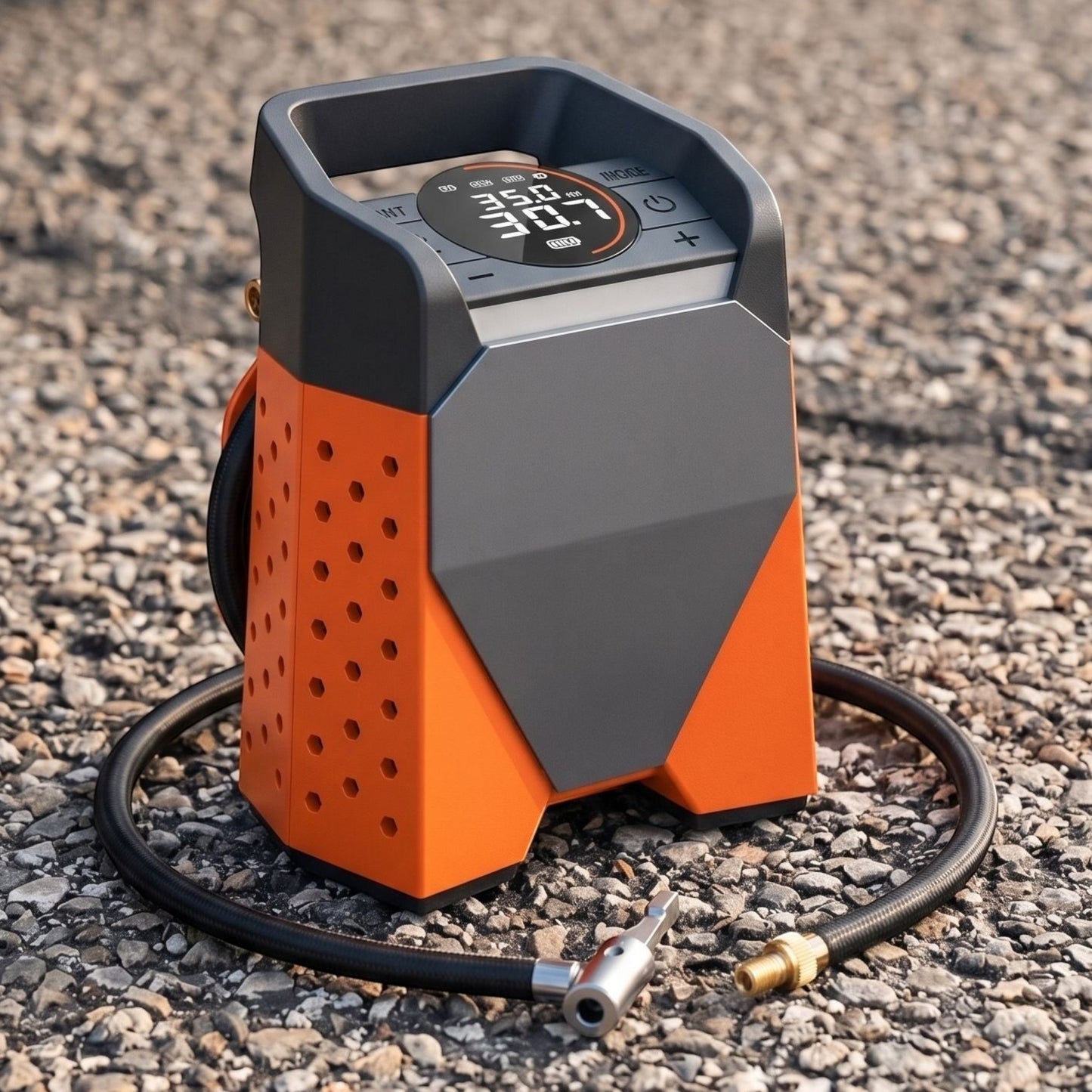 Portable digital tire inflator on a car dashboard outdoors, with natural daylight and subtle surroundings emphasizing its use for travel and roadside emergencies.