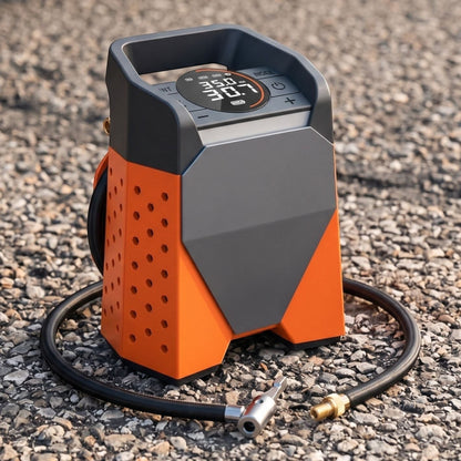 Portable digital tire inflator on a car dashboard outdoors, with natural daylight and subtle surroundings emphasizing its use for travel and roadside emergencies.