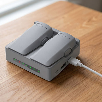 Detailed close-up of unbranded drone battery charger on wood surface, highlighting ports, textured surface, and sleek form.