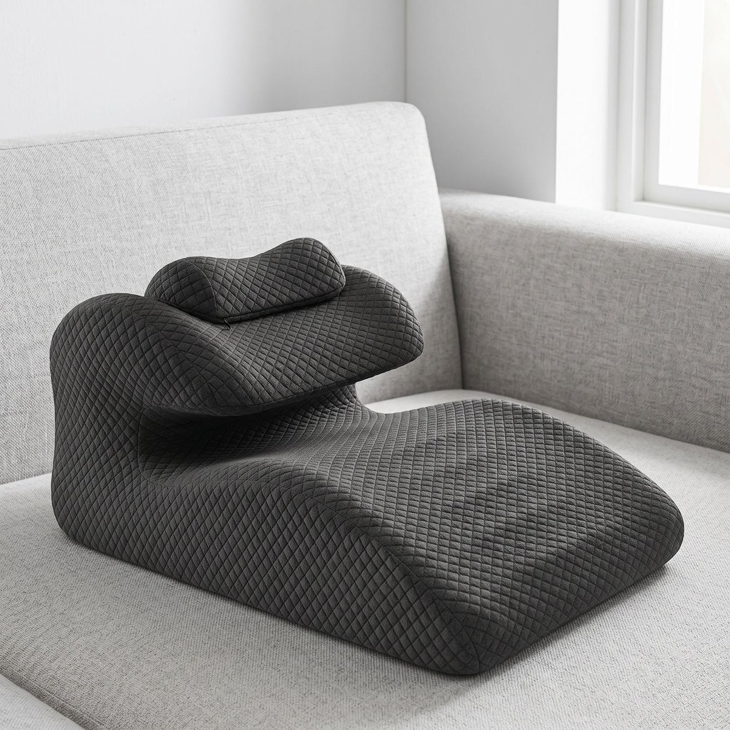 Detailed close-up of curved support pillow with textured cover and visible memory foam contours.