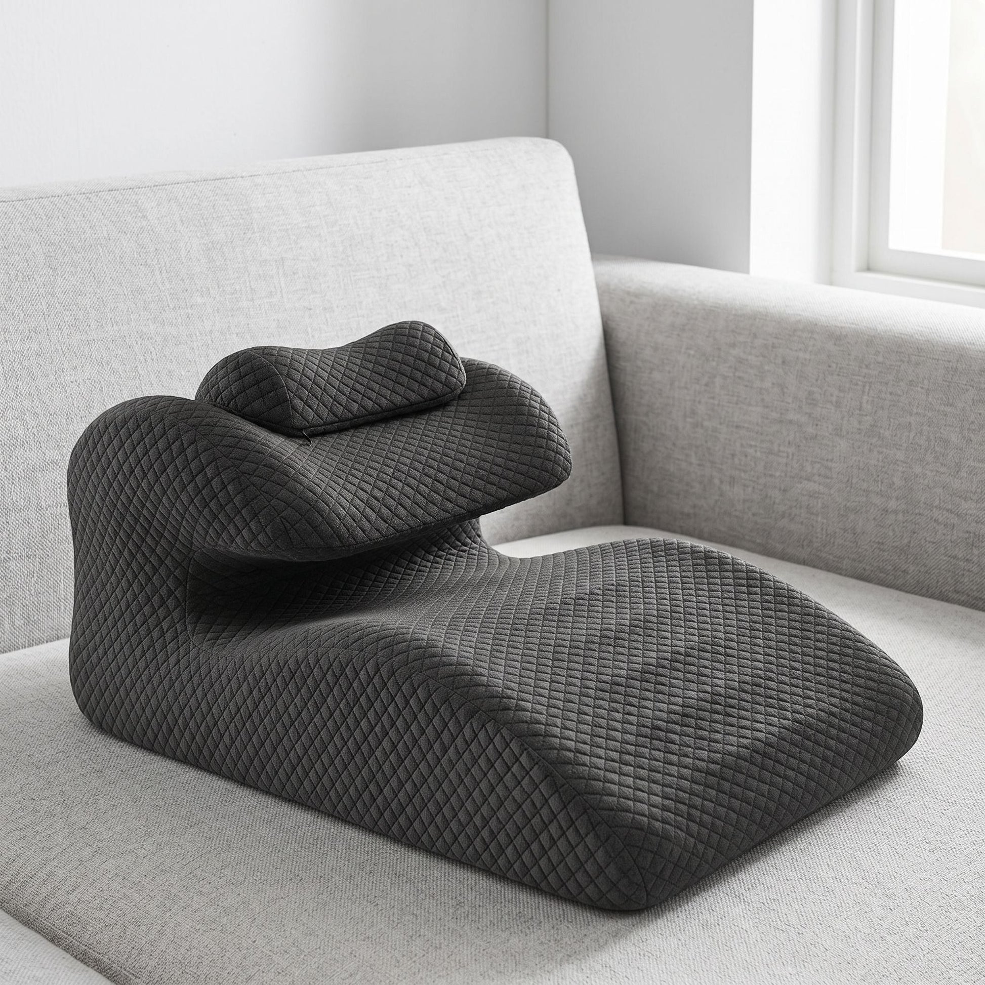 Detailed close-up of curved support pillow with textured cover and visible memory foam contours.