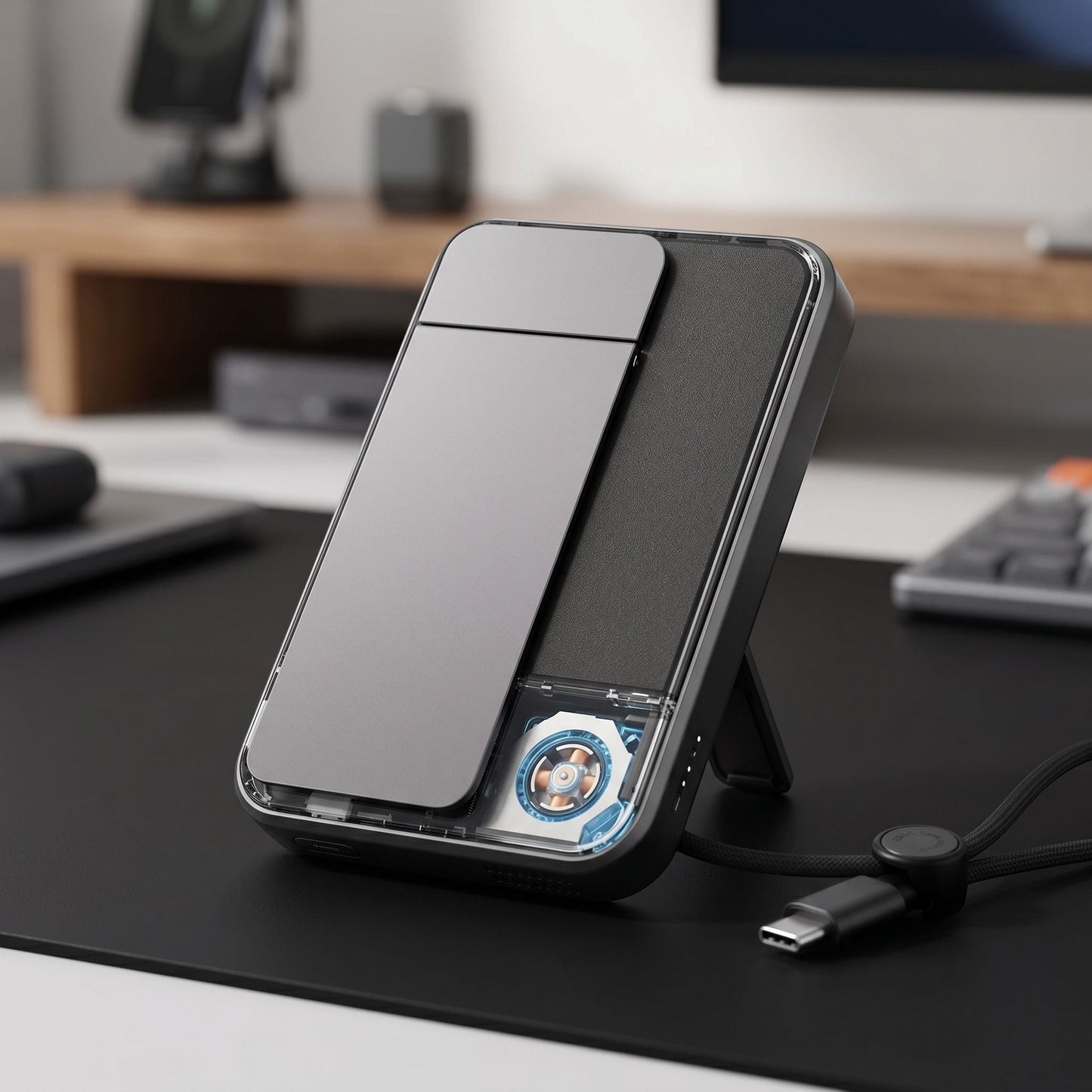 Detailed close-up of slim power bank with RGB lighting on matte black surface, emphasizing texture and port details.