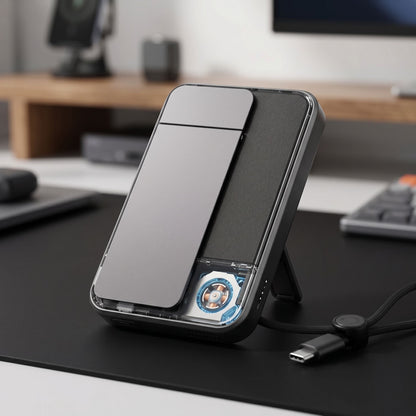 Detailed close-up of slim power bank with RGB lighting on matte black surface, emphasizing texture and port details.