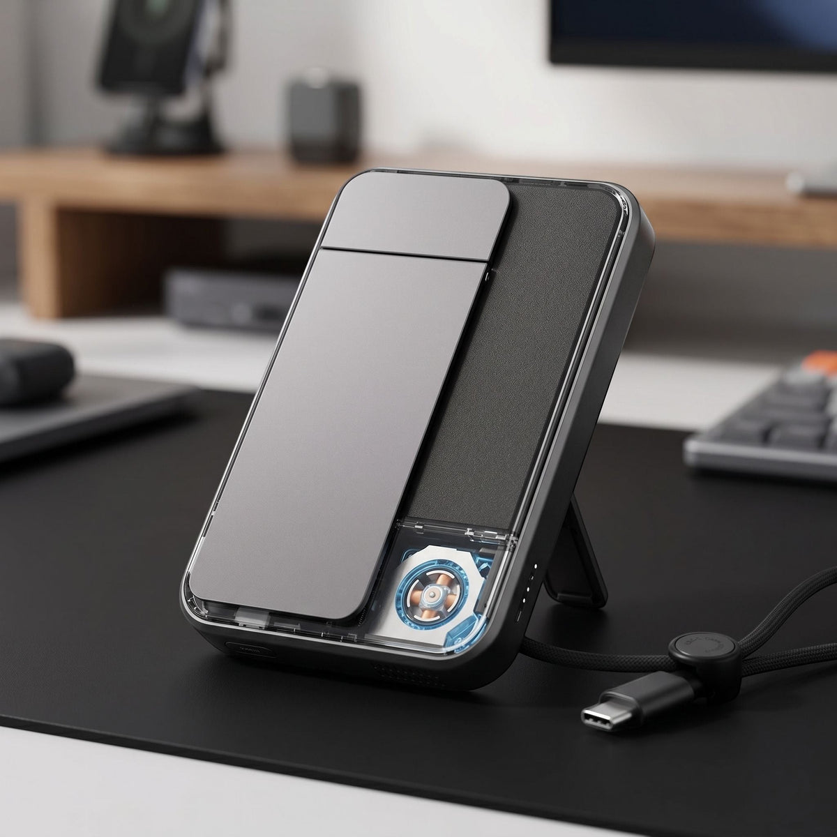 Detailed close-up of slim power bank with RGB lighting on matte black surface, emphasizing texture and port details.