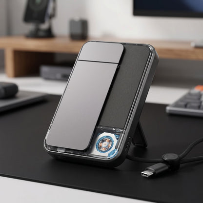 Detailed close-up of slim power bank with RGB lighting on matte black surface, emphasizing texture and port details.