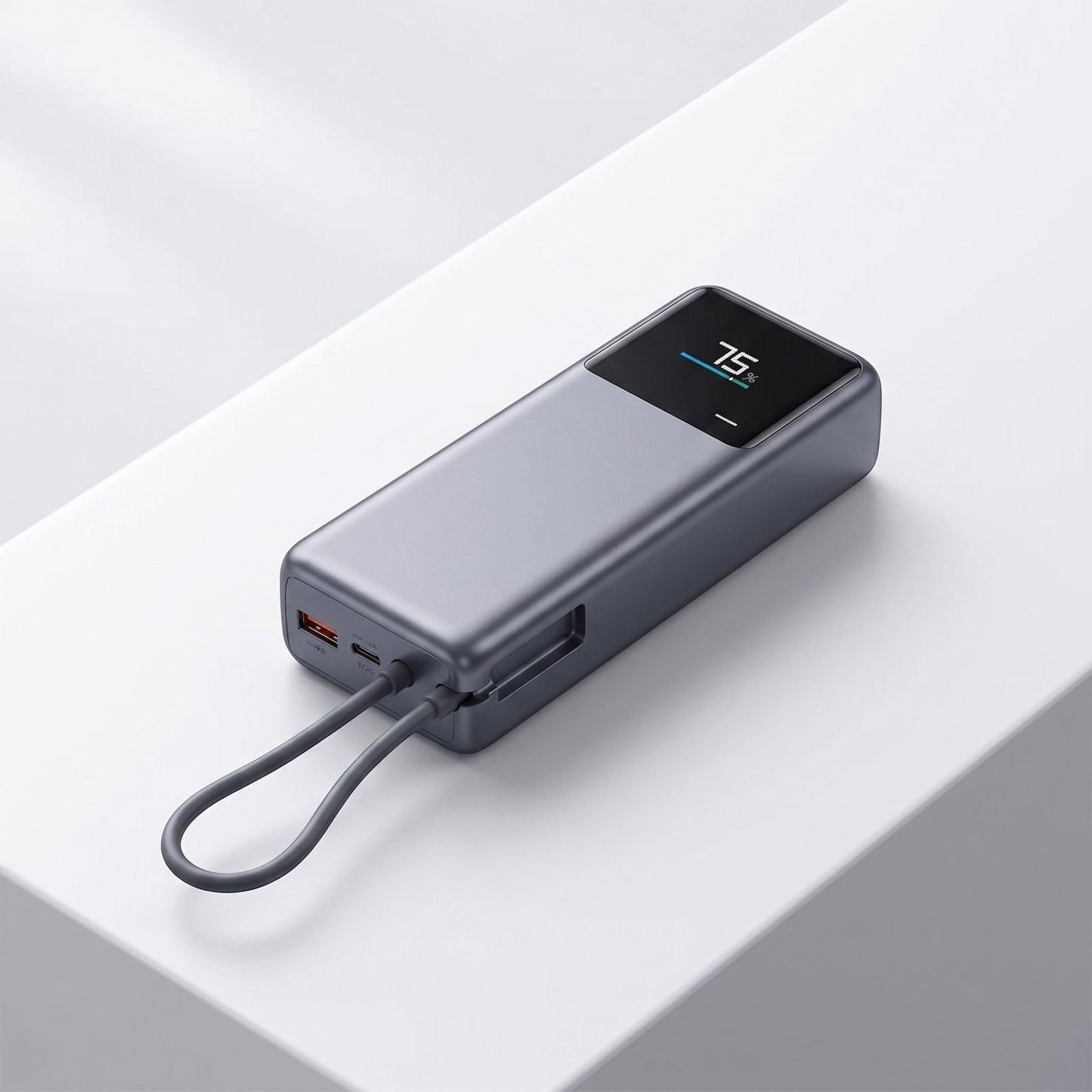 Close-up of a 165W portable power bank with digital display and built-in USB-C cable on a white surface.