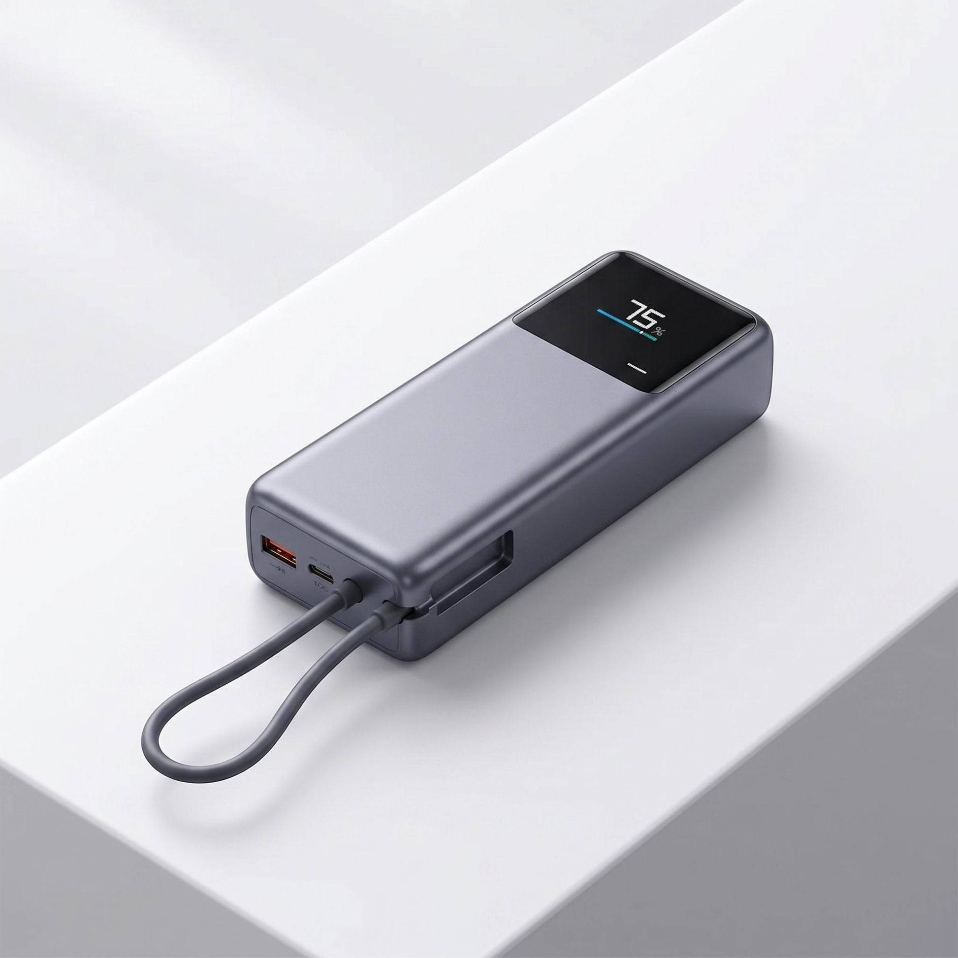 Close-up of a 165W portable power bank with digital display and built-in USB-C cable on a white surface.
