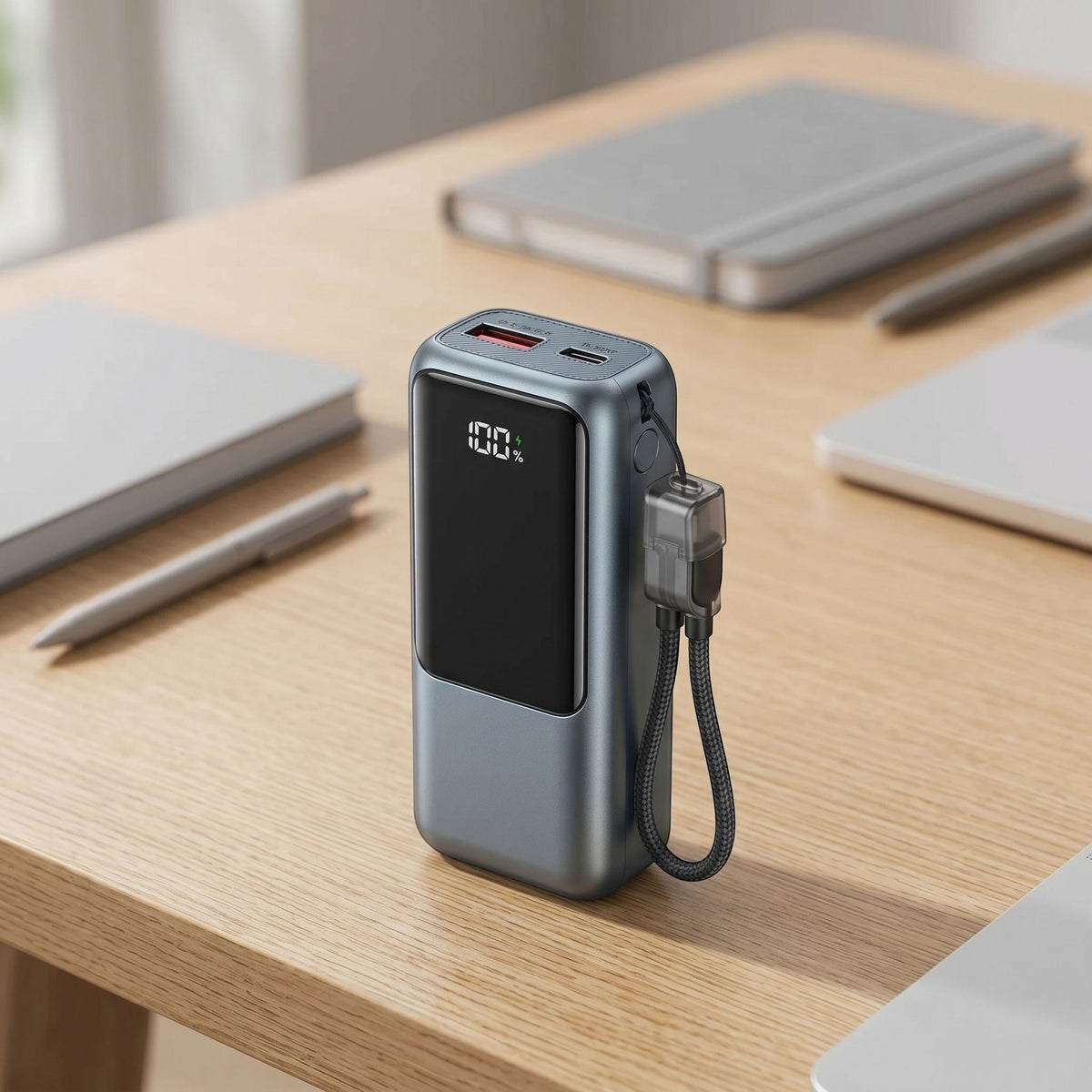 Close-up of a unbranded power bank with built-in USB-C cable and digital display, resting on a modern workspace surface with natural lighting.
