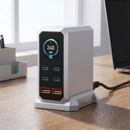 Close-up of unbranded 240W GaN charger on textured wood surface in a contemporary workspace with natural lighting, highlighting ports and display.