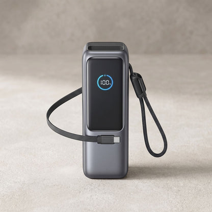 Detailed view of the power bank highlighting digital display, material textures, and integrated cables on a neutral background.