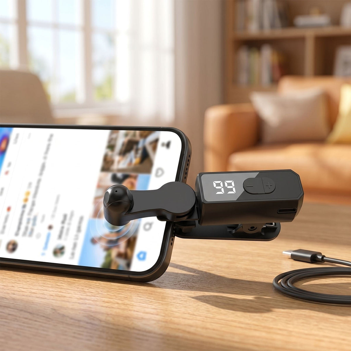 Close-up view of unbranded auto screen clicker on smartphone in a bright home setting, highlighting its sleek surface and precise fit.
