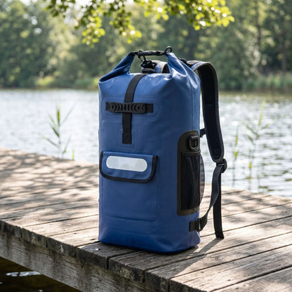 Detailed view of waterproof dry bag backpack on a wooden dock, showing textured waterproof PVC material and lightweight construction in sunlight.