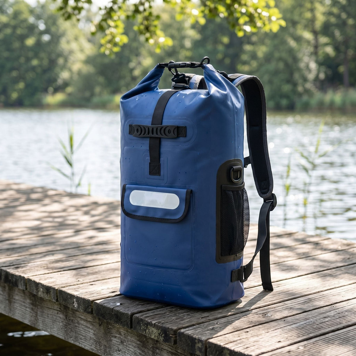 Detailed view of waterproof dry bag backpack on a wooden dock, showing textured waterproof PVC material and lightweight construction in sunlight.