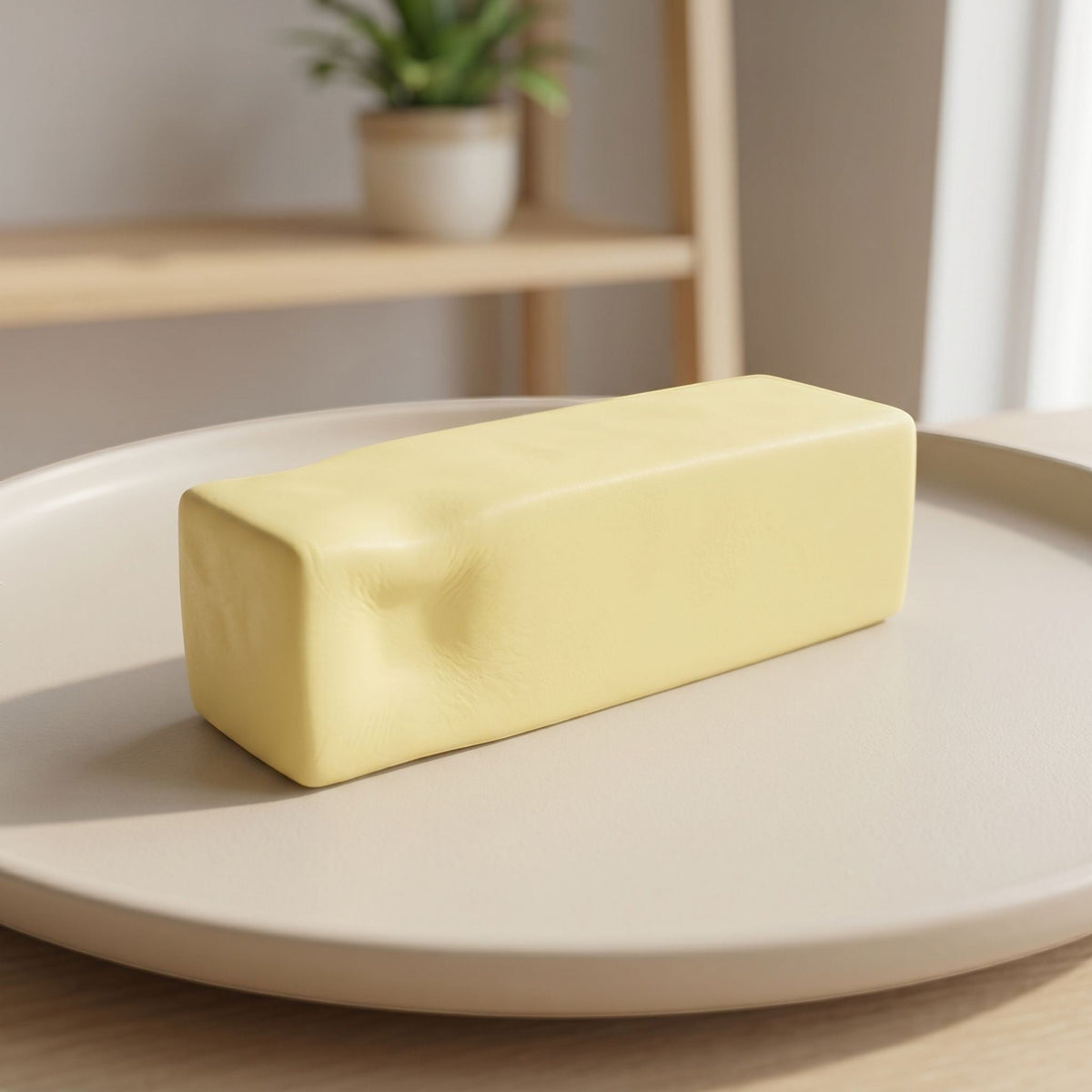 Detailed shot of the squishy butter toy focusing on its texture and design under natural lighting, showcasing its tactile appeal.