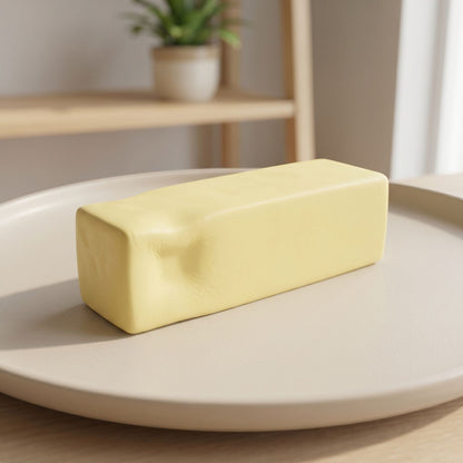 Detailed shot of the squishy butter toy focusing on its texture and design under natural lighting, showcasing its tactile appeal.