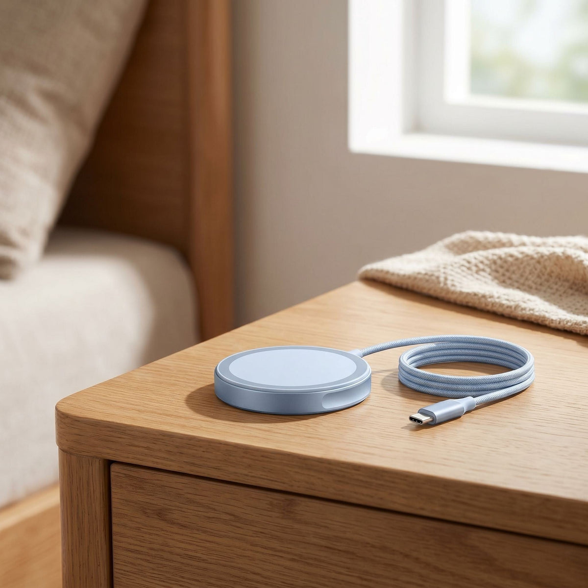 Close-up of unbranded magnetic wireless charger on a nightstand with soft lighting, matte finish, and detailed ports in a cozy bedroom setting.