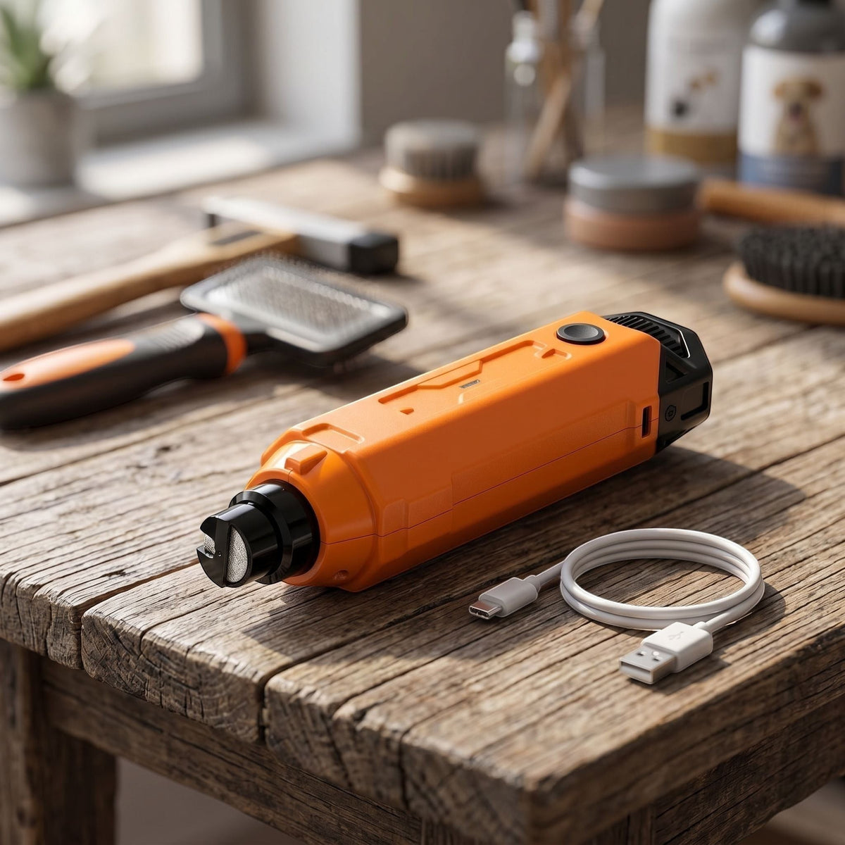 Detailed close-up of small dog nail grinder on rustic wooden table, highlighting textured surface and ergonomic features in natural light.