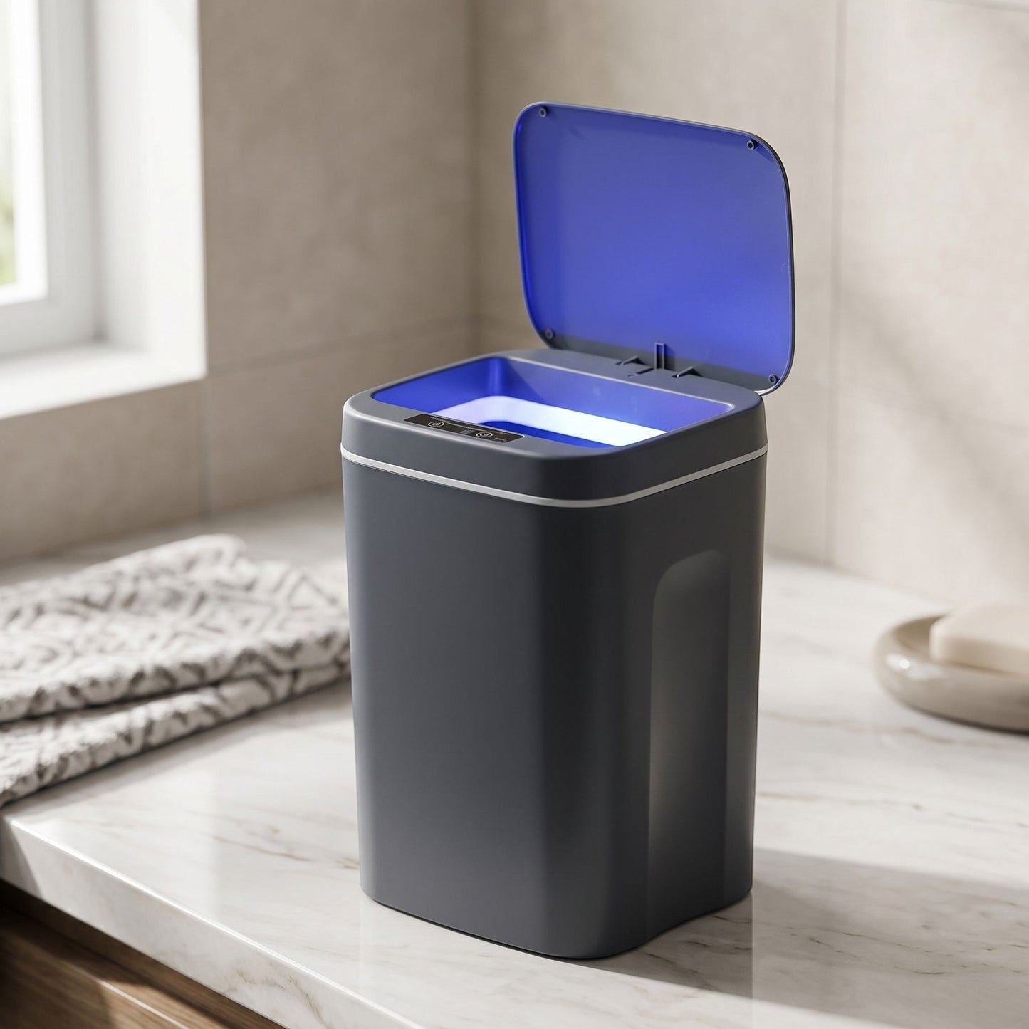 Small unbranded 16L sensor trash can on bathroom surface with soft morning light.