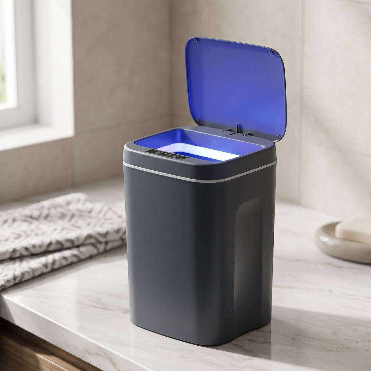 Small unbranded 16L sensor trash can on bathroom surface with soft morning light.