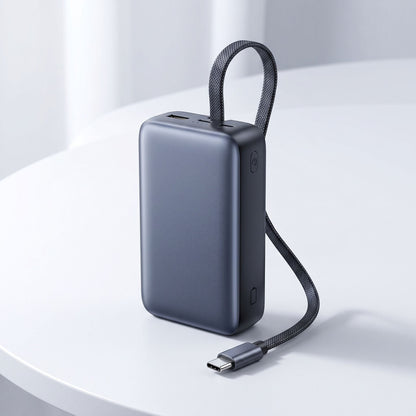High-capacity portable power bank with built-in USB-C cable and multiple ports, ideal for travel and outdoor use.