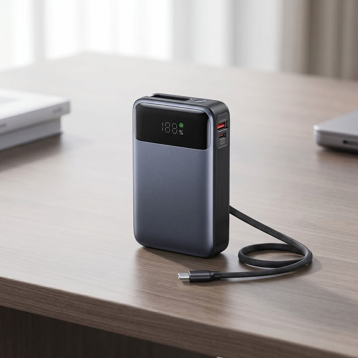 Small 65W power bank with built-in retractable cable on a modern desk under natural light.