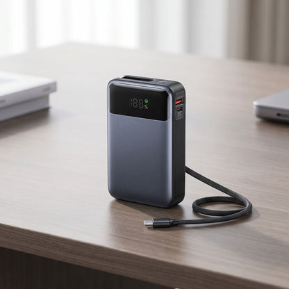 Small 65W power bank with built-in retractable cable on a modern desk under natural light.