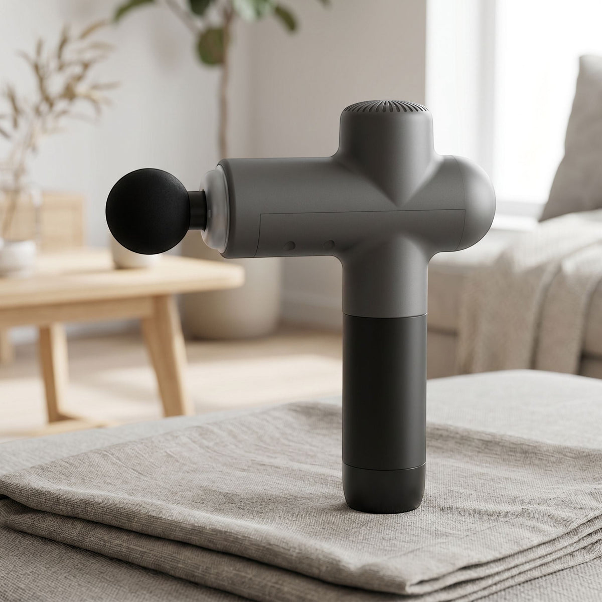 Small unbranded massage gun placed on fabric surface in cozy living room setting with natural lighting highlighting its texture and shape.