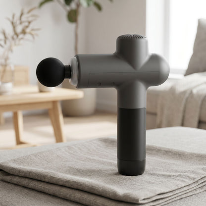 Small unbranded massage gun placed on fabric surface in cozy living room setting with natural lighting highlighting its texture and shape.