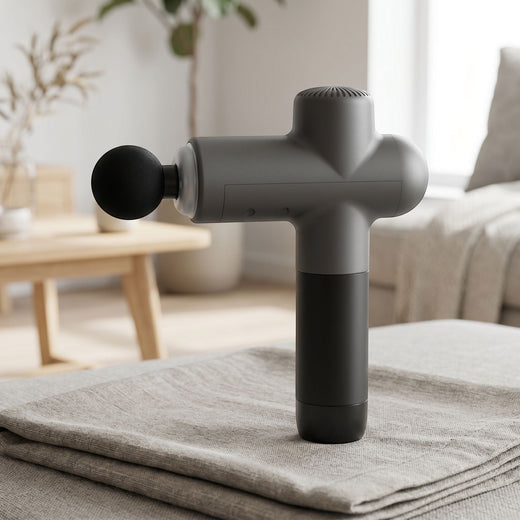 Small unbranded massage gun placed on fabric surface in cozy living room setting with natural lighting highlighting its texture and shape.