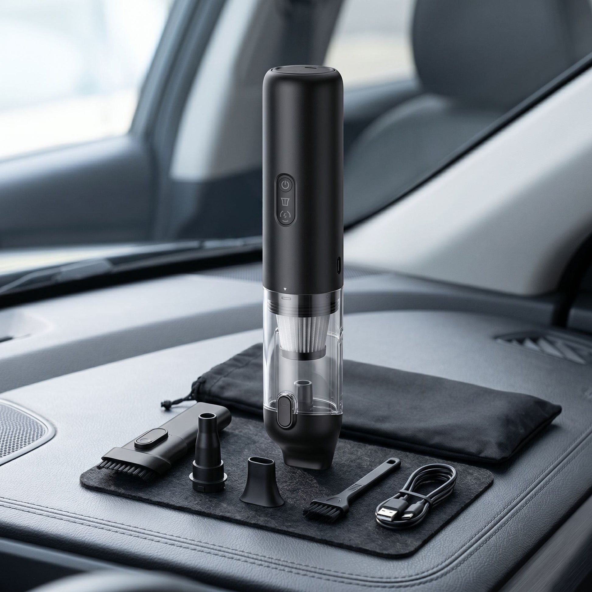 Unbranded cordless handheld vacuum cleaner placed upright on a modern car interior surface, showcasing its sleek black design and compact size.