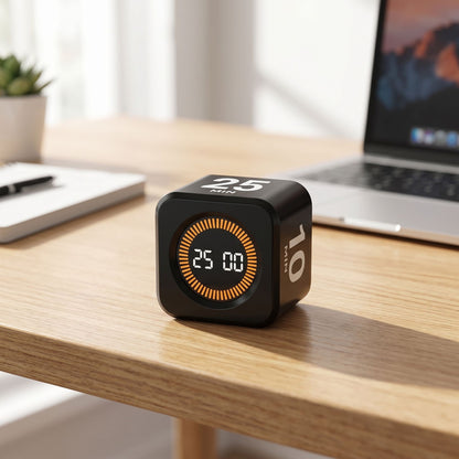 Tiny digital timer with LCD screen on wooden surface in warm natural lighting, casual home kitchen or study setting.