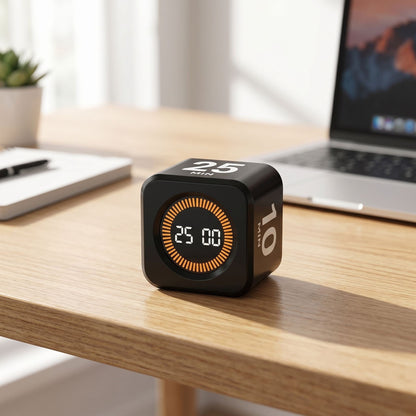 Tiny digital timer with LCD screen on wooden surface in warm natural lighting, casual home kitchen or study setting.