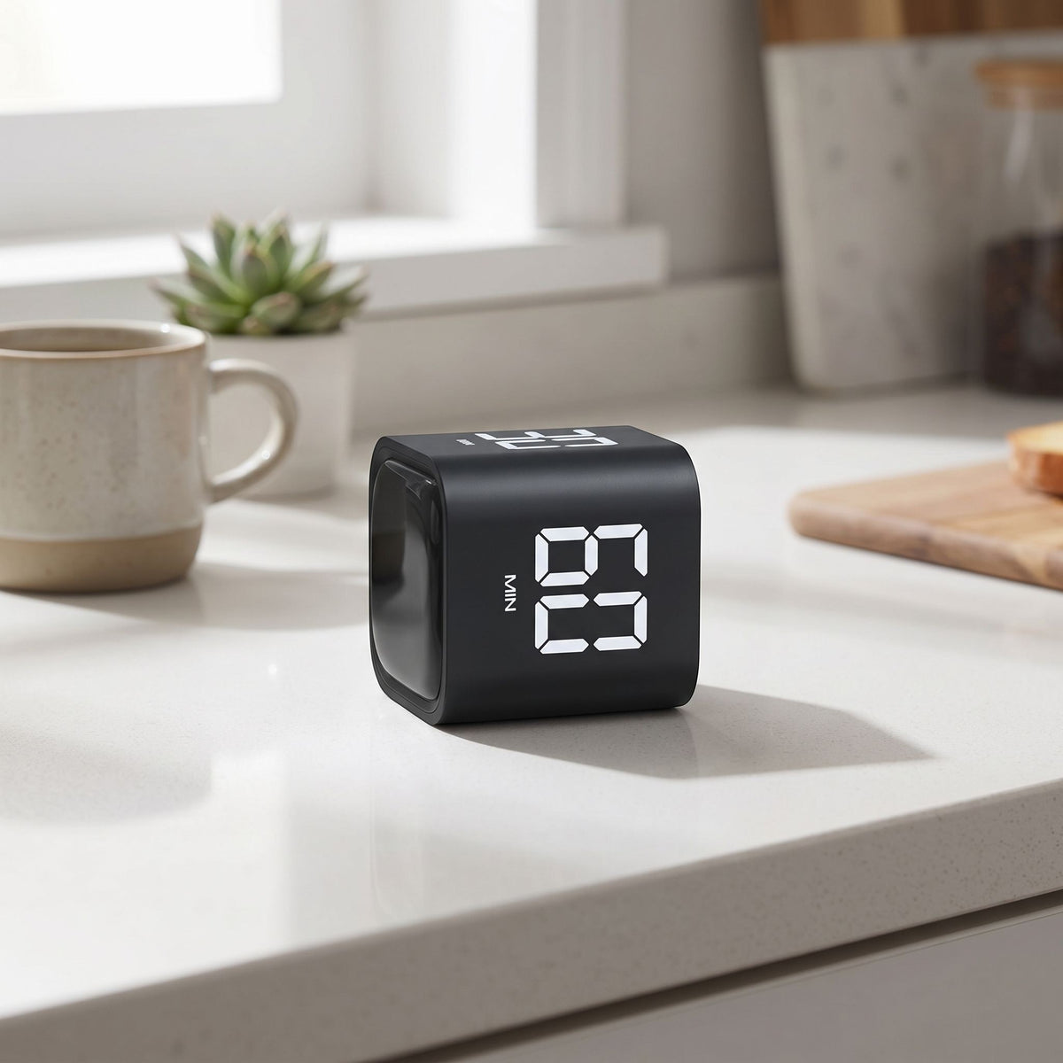 Full view of a small digital timer on a clean kitchen countertop with a countdown of 2 hours, emphasizing practicality for everyday cooking.