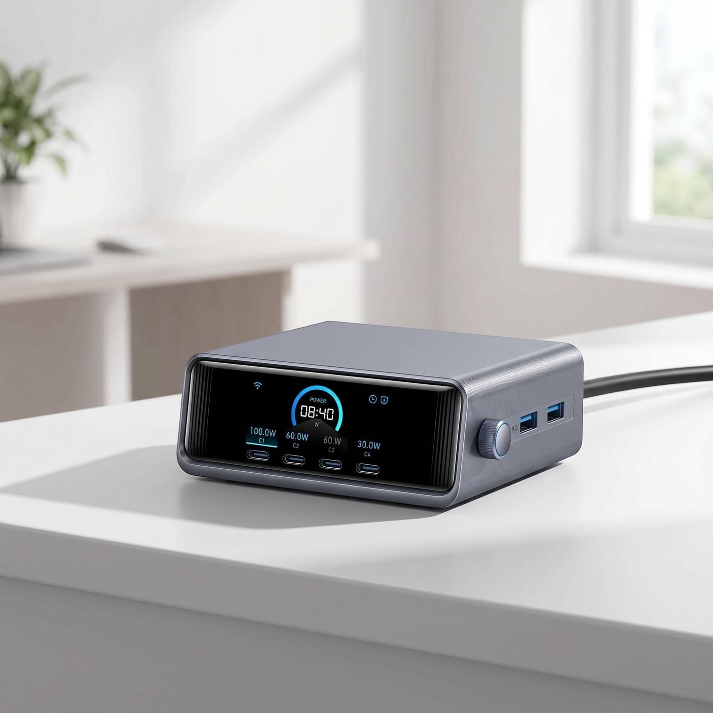 Close-up of a small 250W 6-port GaN charging station on a modern white countertop in a bright home office.